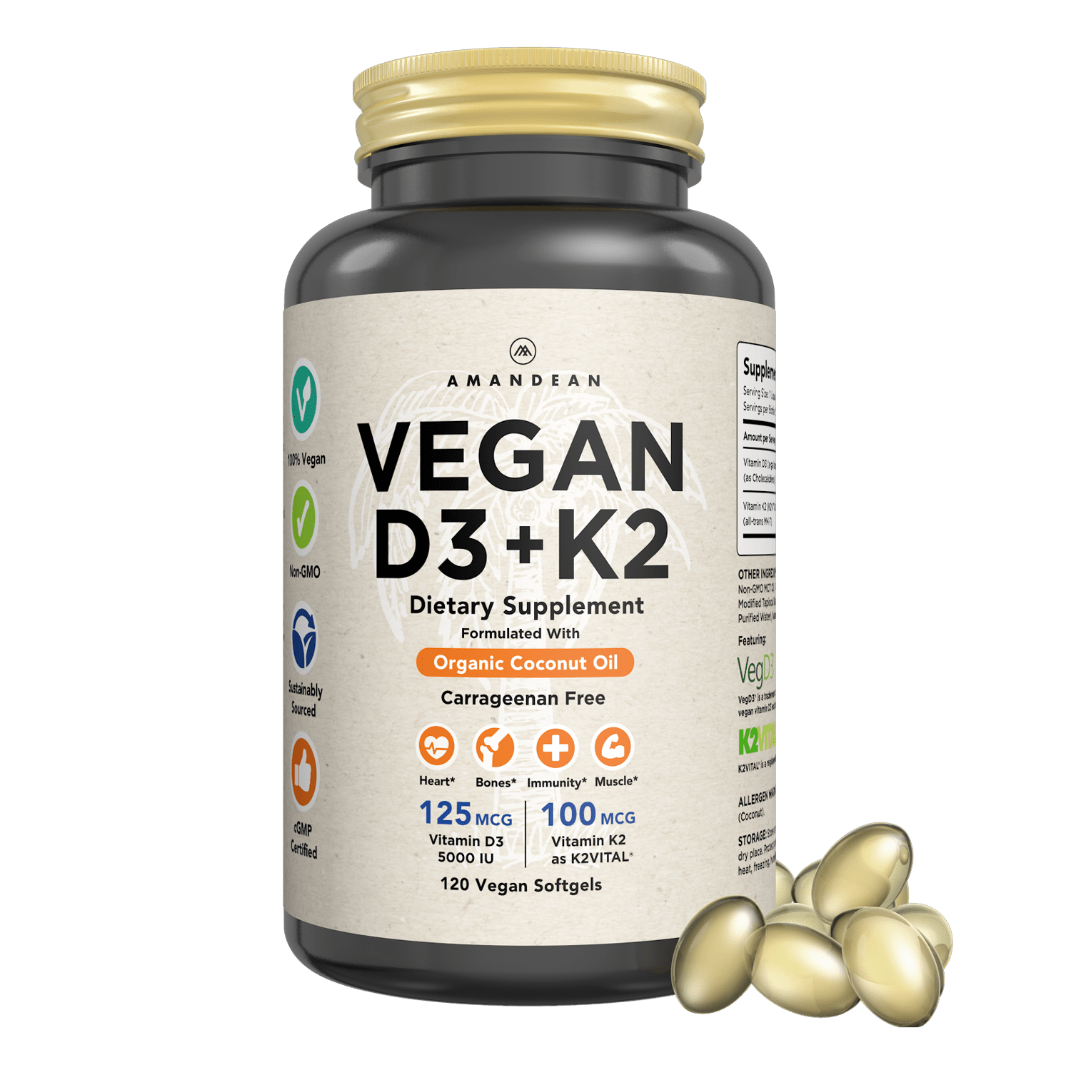 Vegan Vitamin D3 + K2 (120 Softgels) Amandean 